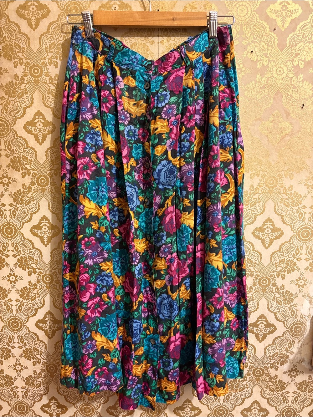 Vintage Floral Skirt in Teal, Pink & gold